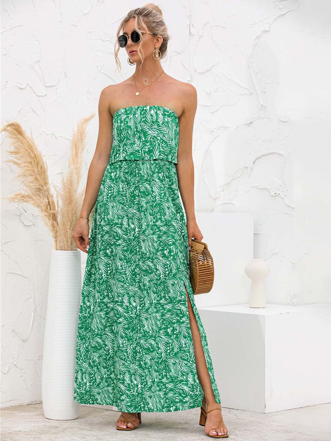 

URBANIC Green Tropical Off-Shoulder Maxi Dress