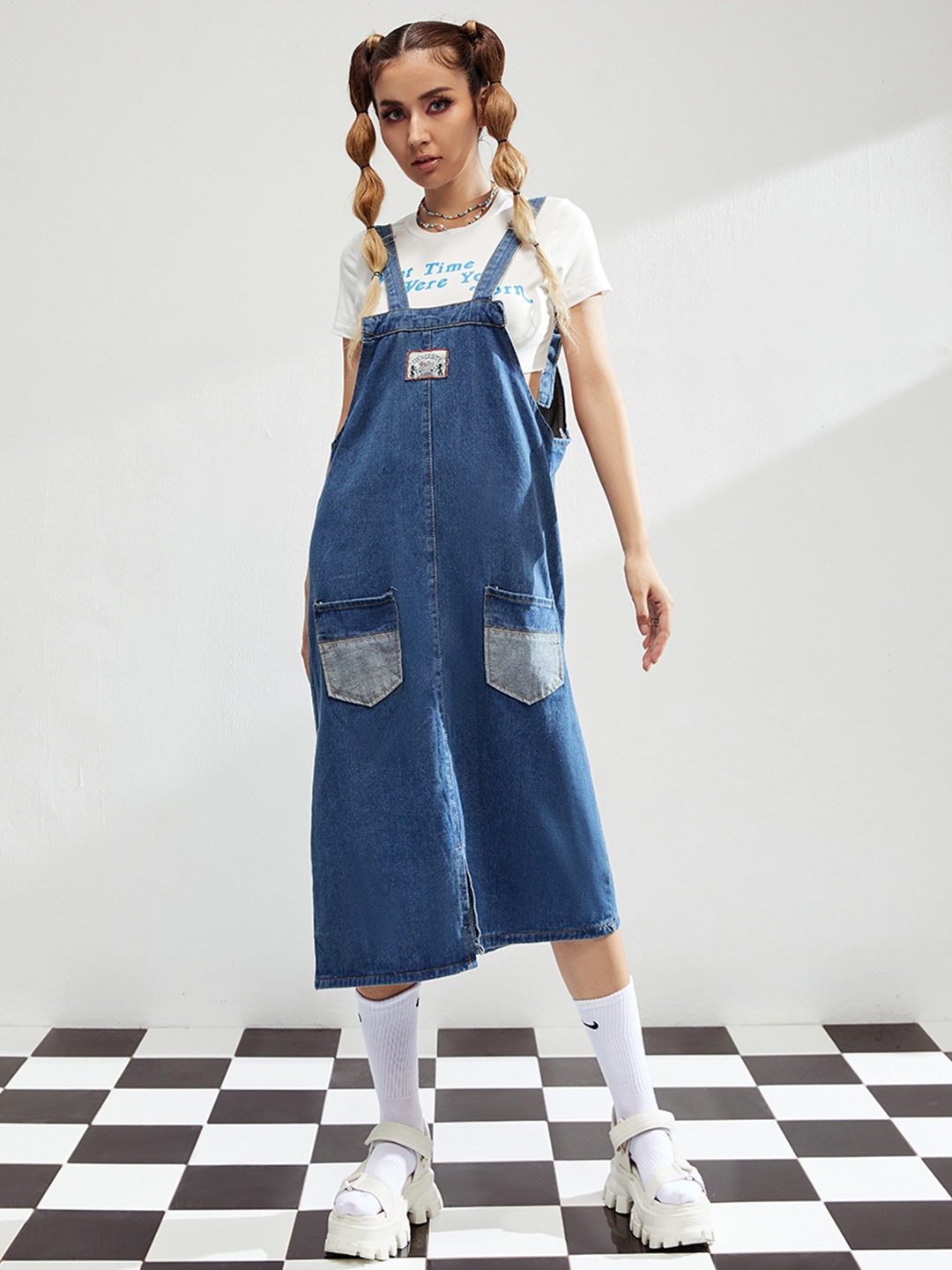 

URBANIC Blue Denim Pinafore Midi Dress