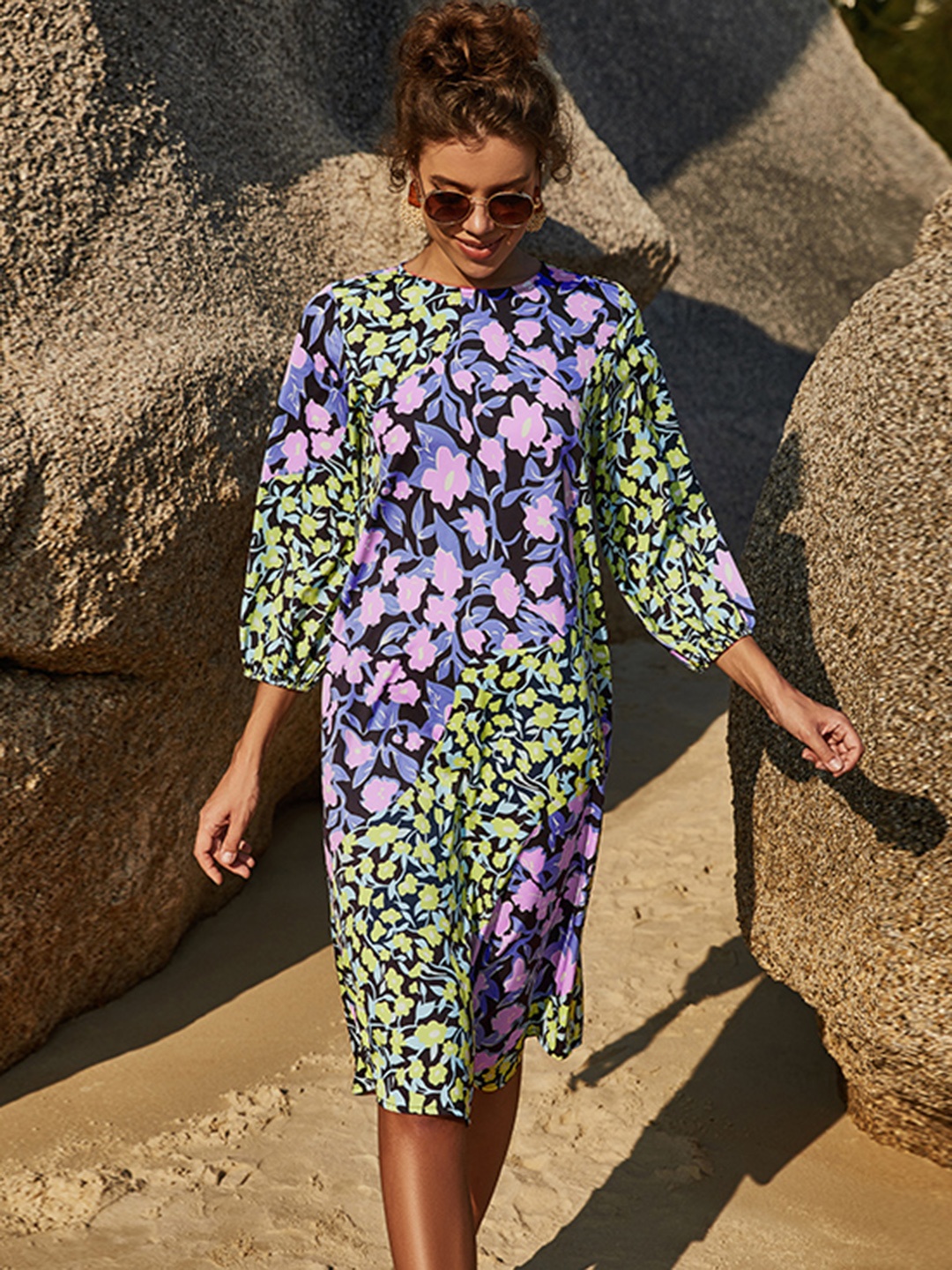 

URBANIC Green & Purple Floral A-Line Dress