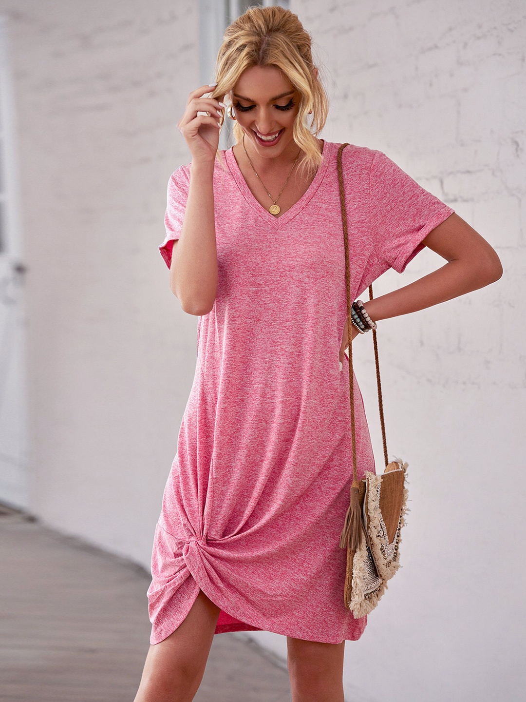 

URBANIC Women Pink Melange Effect Knot Detail T-shirt Dress