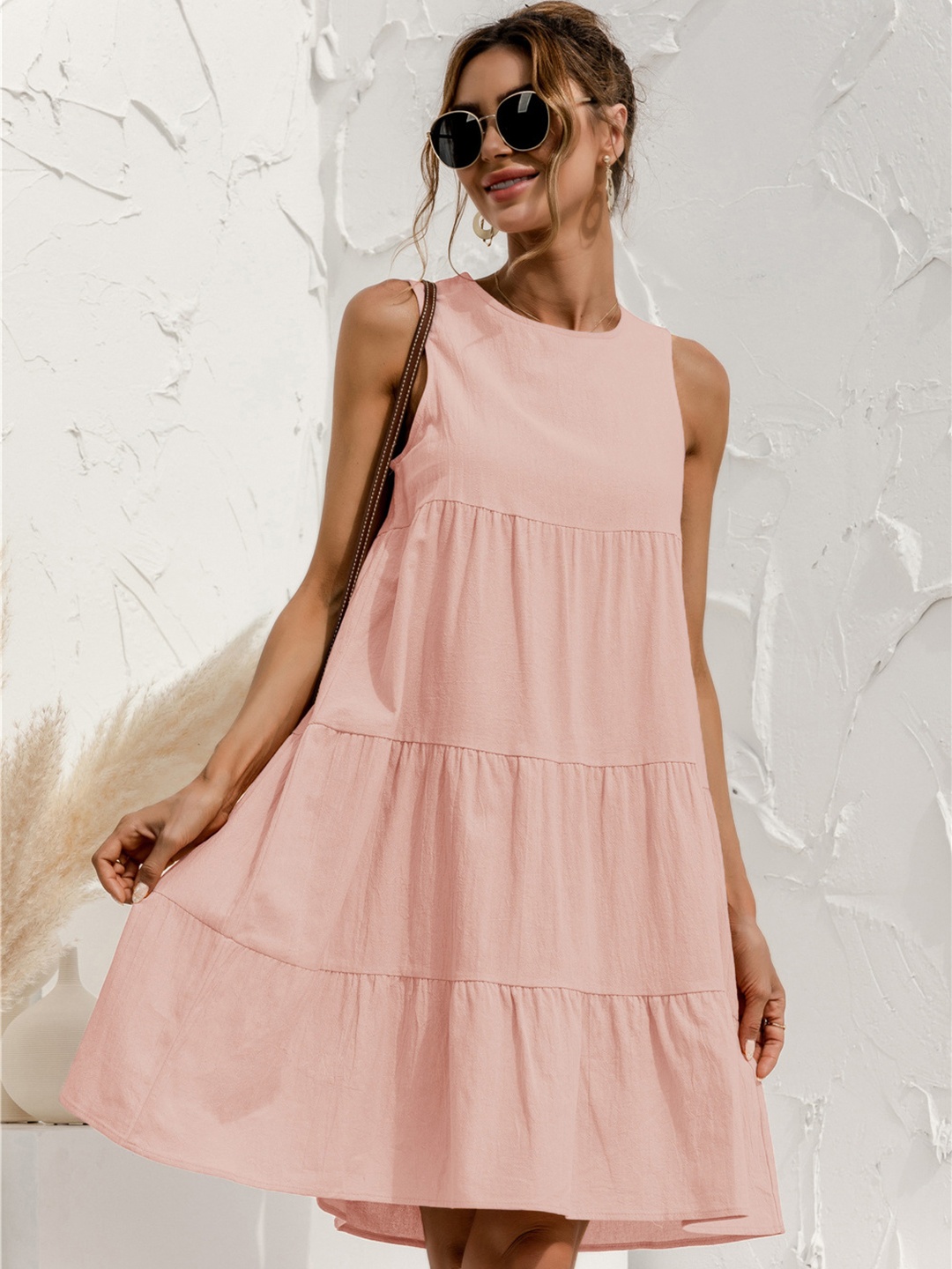 

URBANIC Women Pink Cotton Solid Tiered A-Line Dress