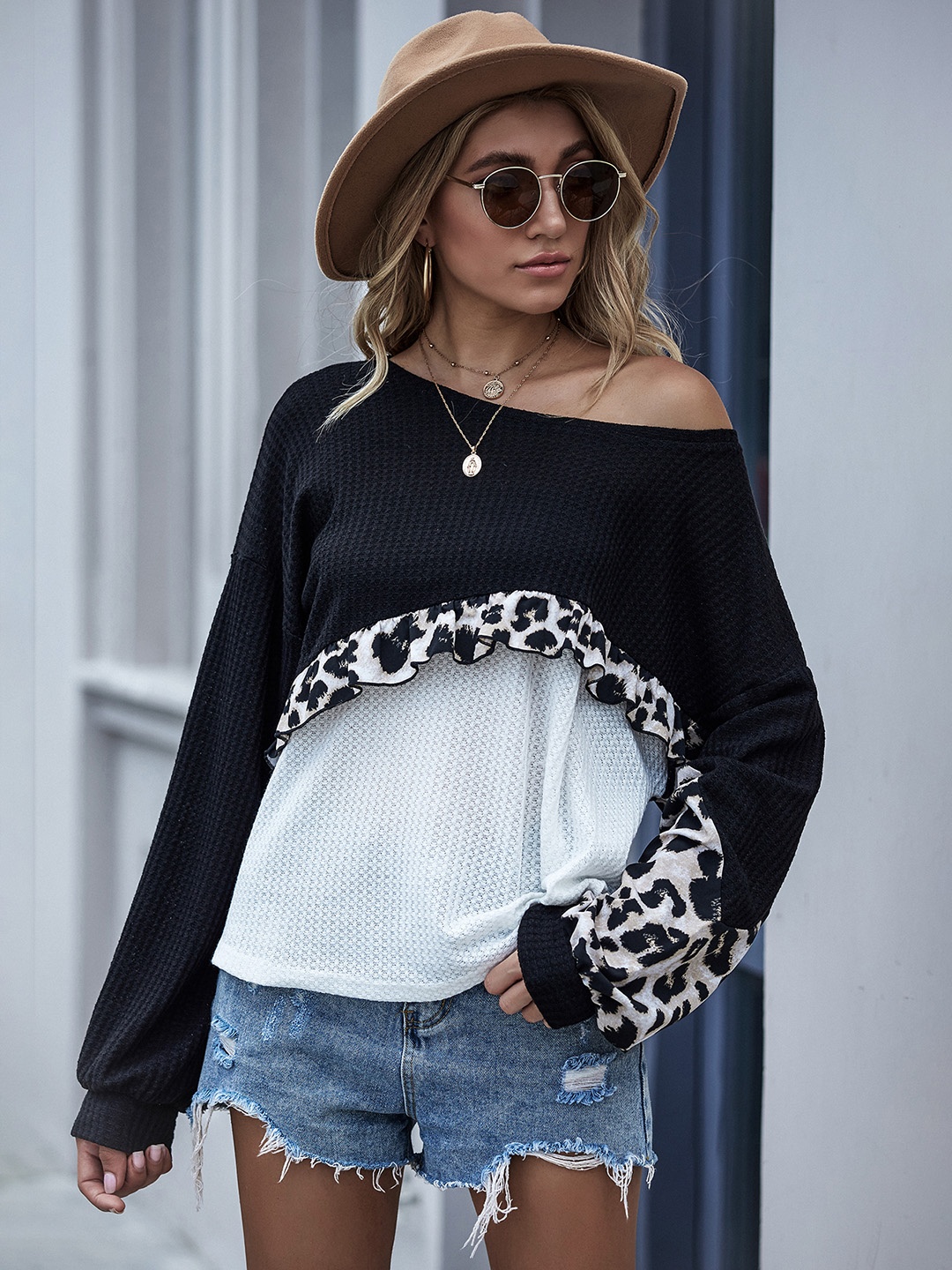 

URBANIC Women Black Colourblocked Ruffled Sweatshirt