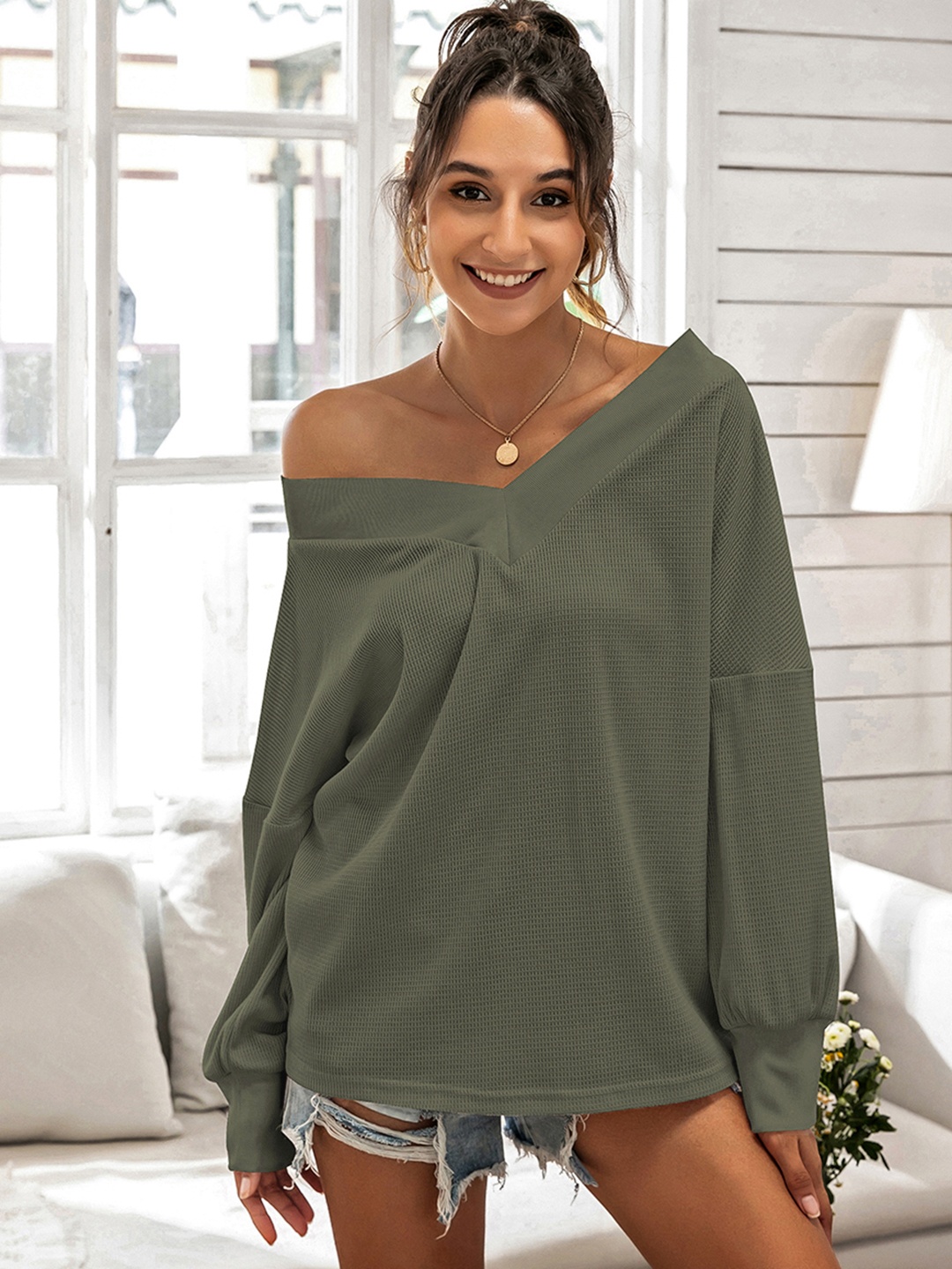 

URBANIC Women Olive Green Solid Sweatshirt