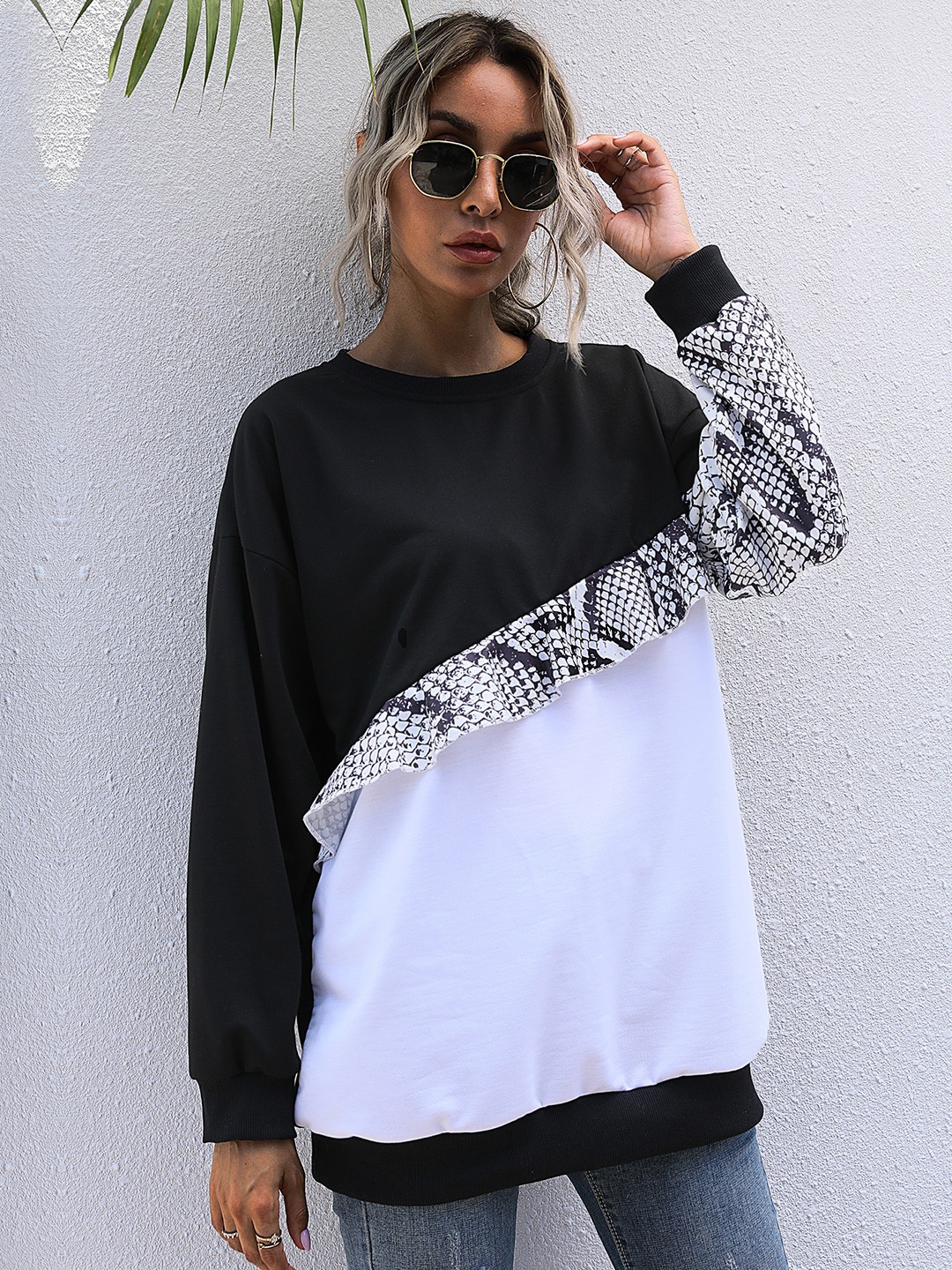 

URBANIC Women Black Colourblocked Ruffled Sweatshirt