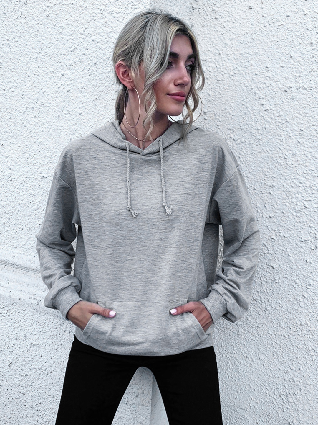 

URBANIC Women Grey Printed Hooded Drawstring Pullover Sweatshirt