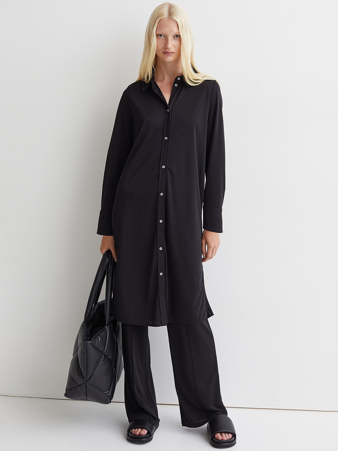 

H&M Women Black Solid Longline Jersey Shirt Dress