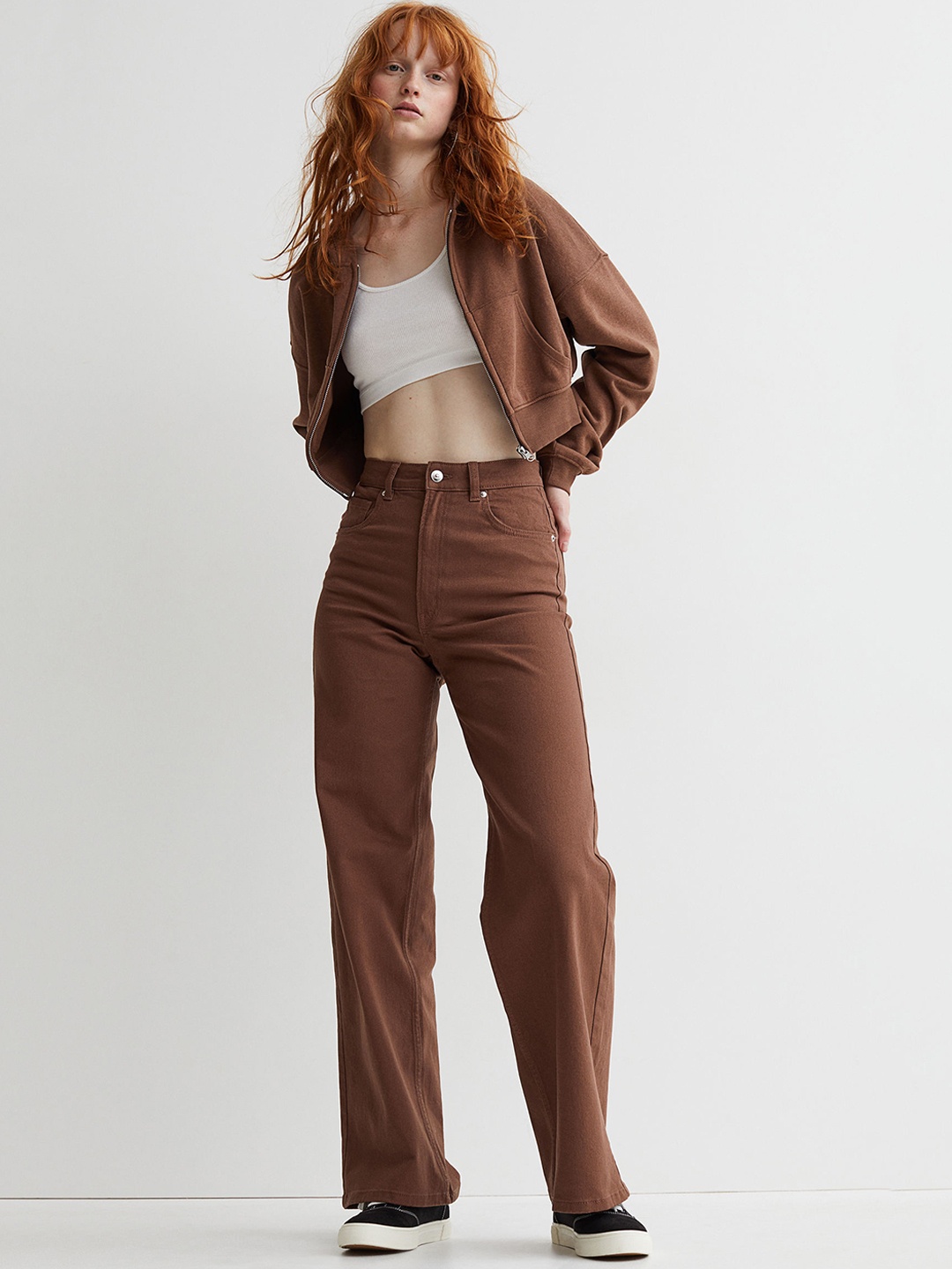 

H&M Women Brown Solid Cropped Zip-through Hoodie