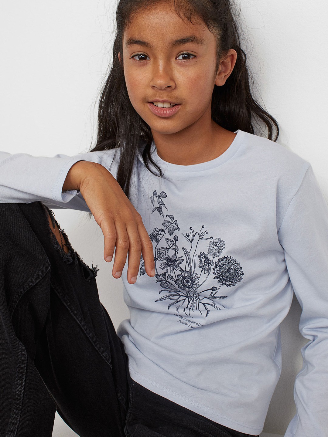 

H&M Kids Girls Blue & Grey Printed Regular Cotton Jersey Top