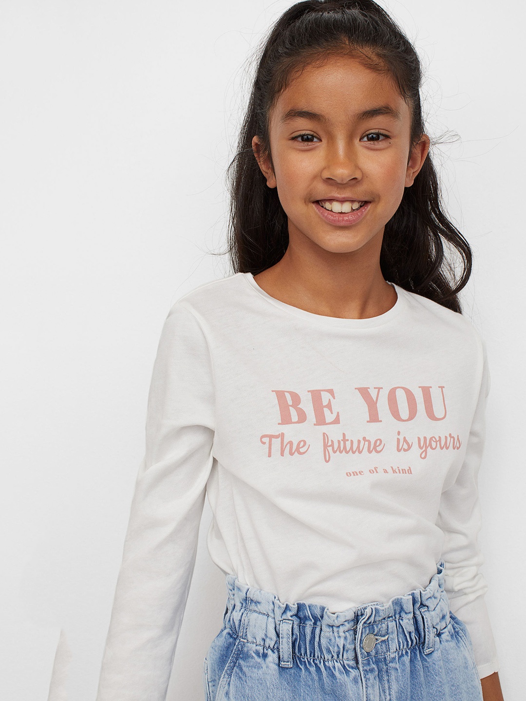 

H&M Kids Girls White & Peach Printed Regular Pure Cotton Jersey Top