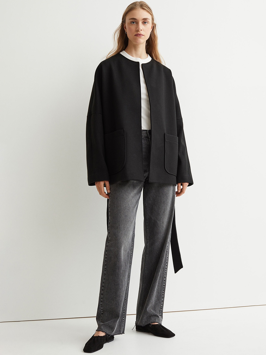 

H&M Women Black Tie-Belt Jacket