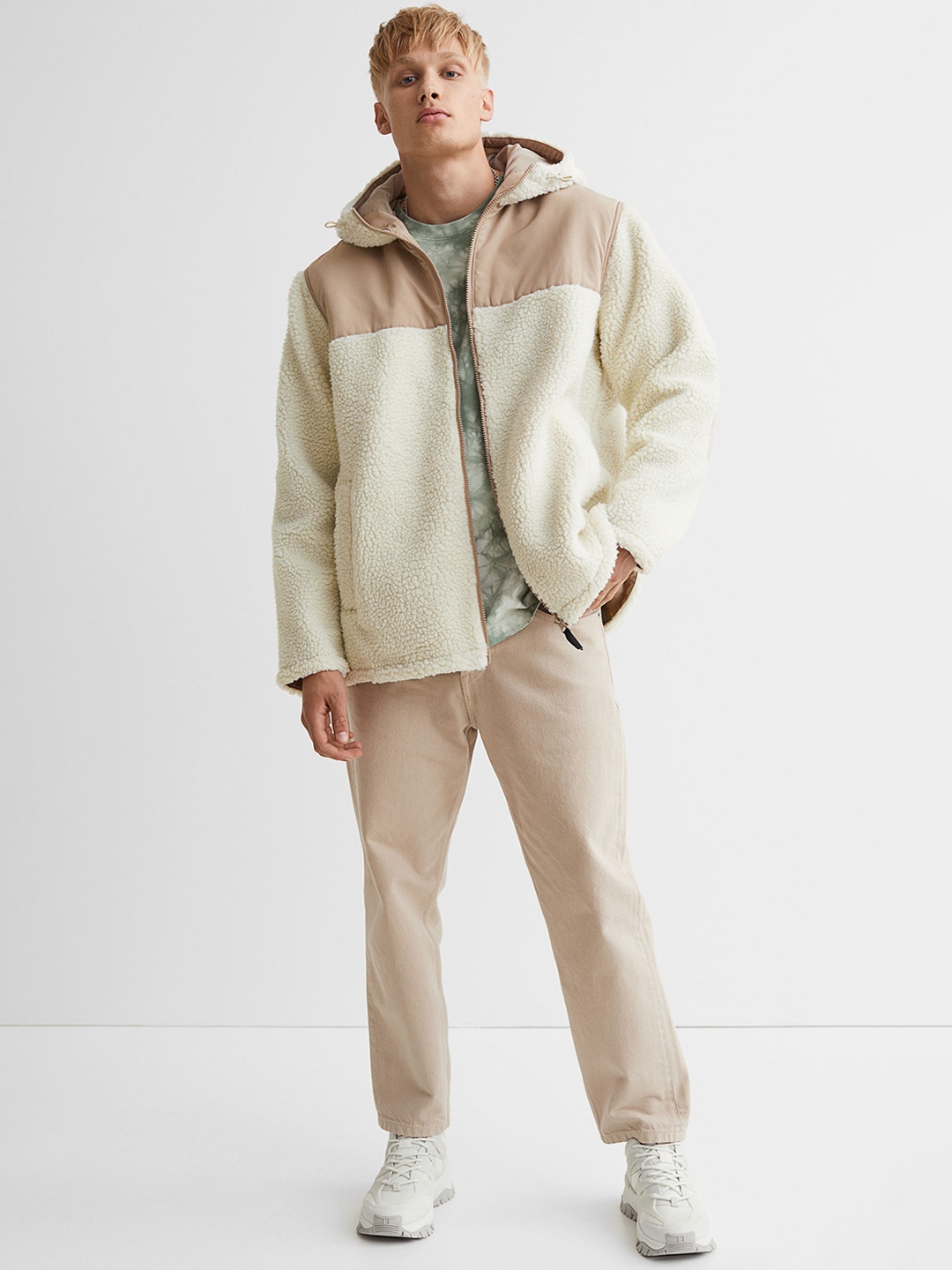 

H&M Men White & Beige Faux Shearling Jacket