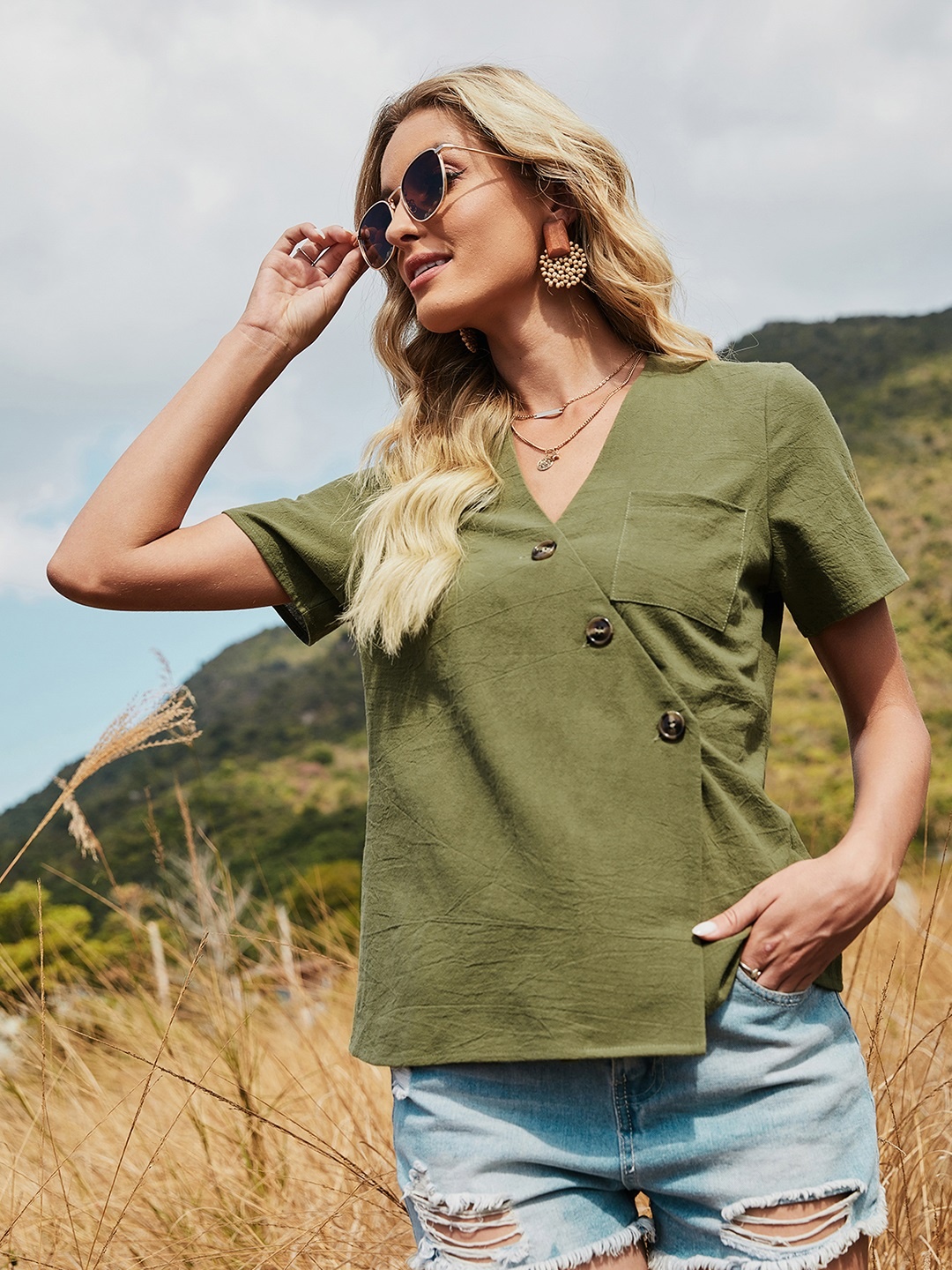 

URBANIC Olive Green Pure Cotton Solid Wrap Top