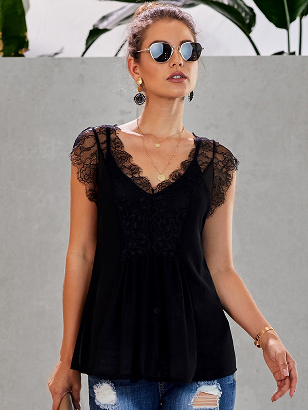 

URBANIC Black Solid Extended Sleeves Layered Lace Inserts A-Line Top