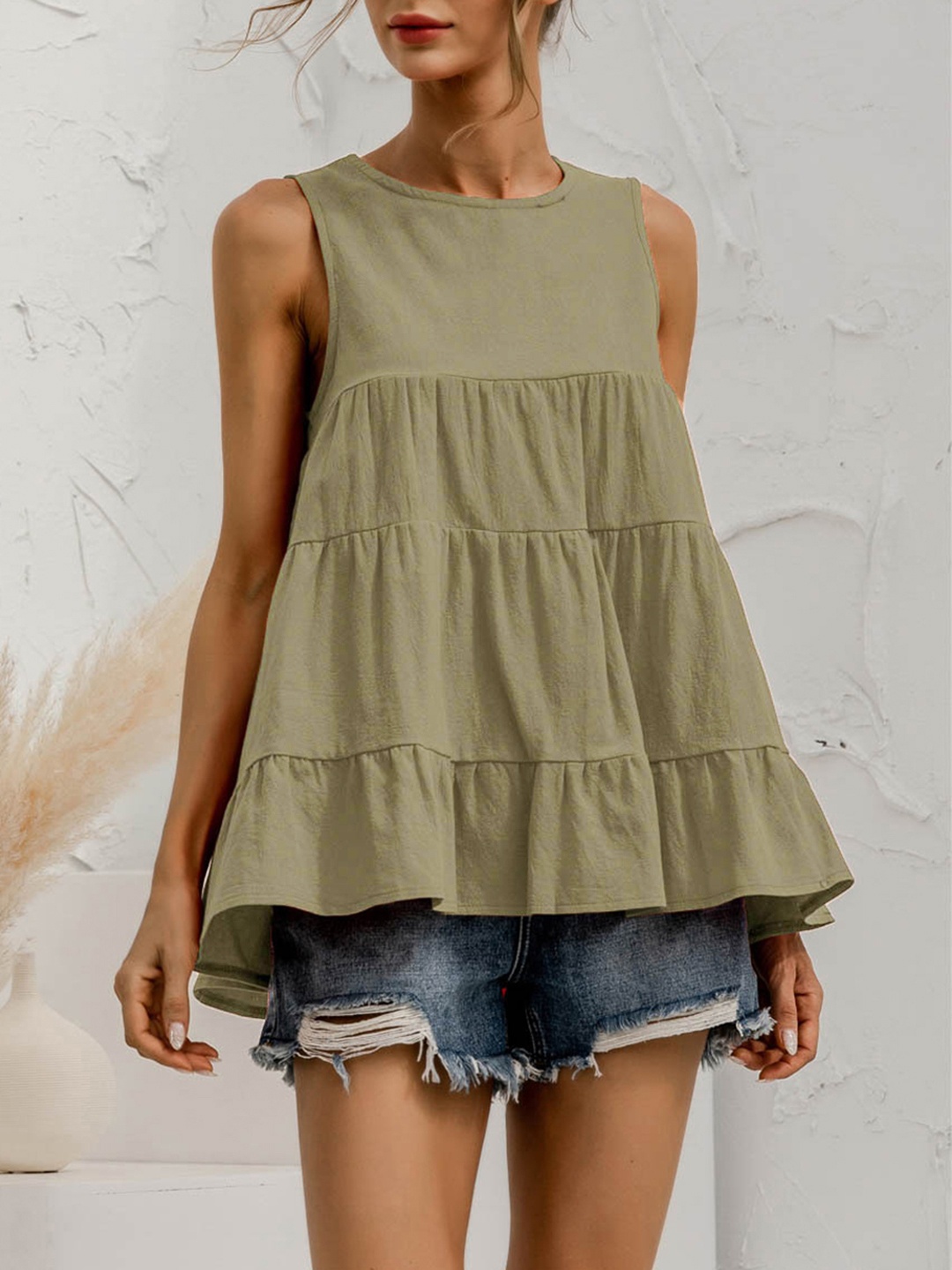 

URBANIC Women Olive Green Cotton Solid A-Line Tiered Top