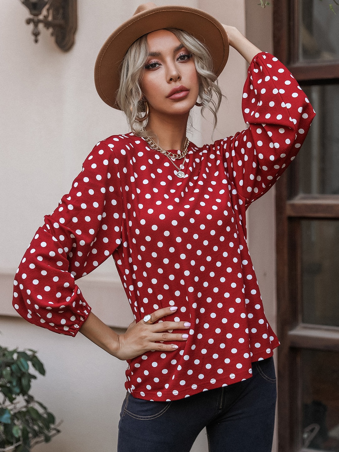 

URBANIC Red & White Polka Dots Printed Regular Top