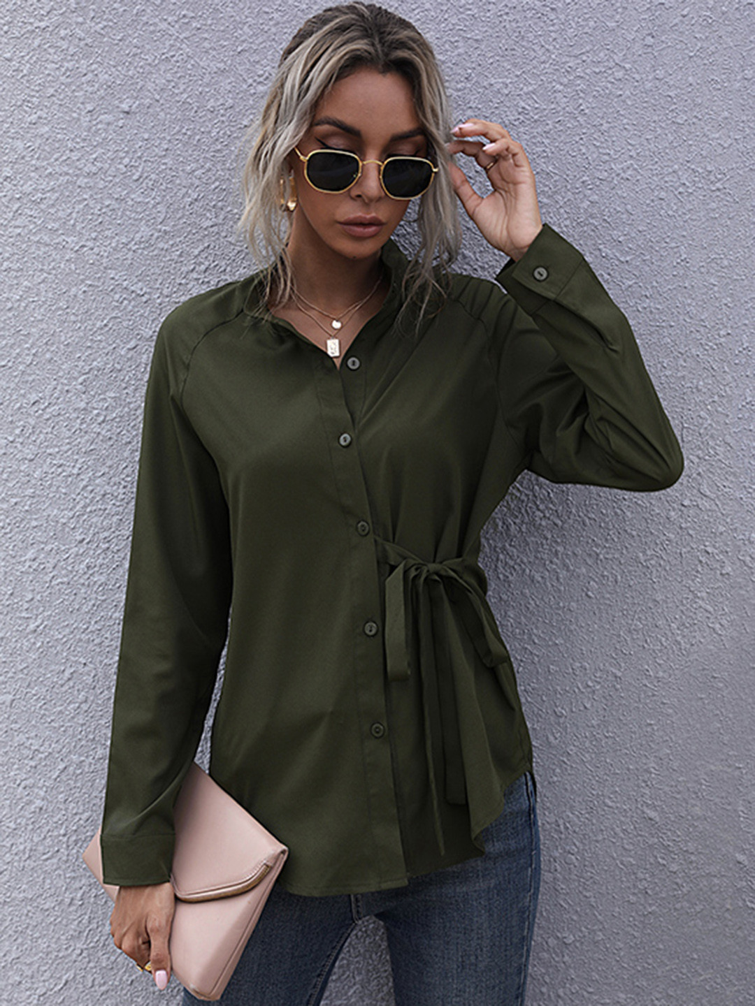 

URBANIC Women Olive Green Solid Casual Shirt with Tie-Up Detail