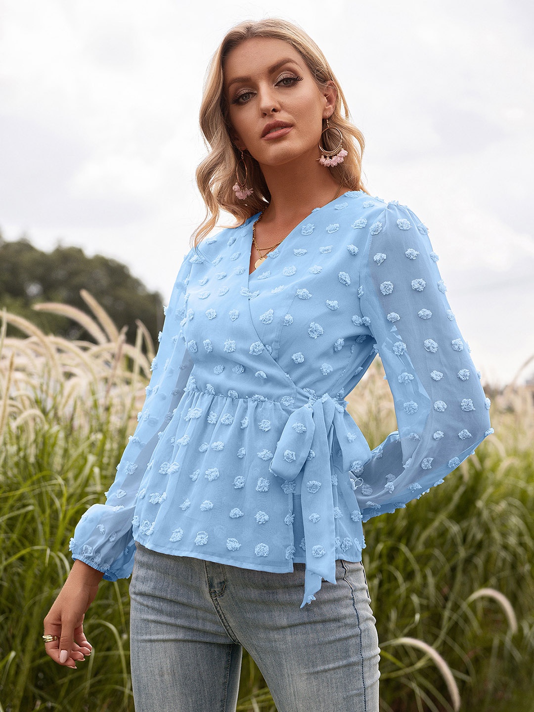 

URBANIC Blue Floral Embroidered Wrap Top