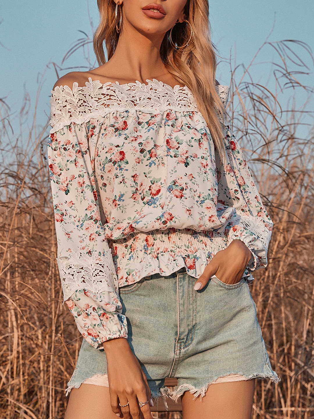 

URBANIC Off White & Red Floral Print Smocked Bardot Top