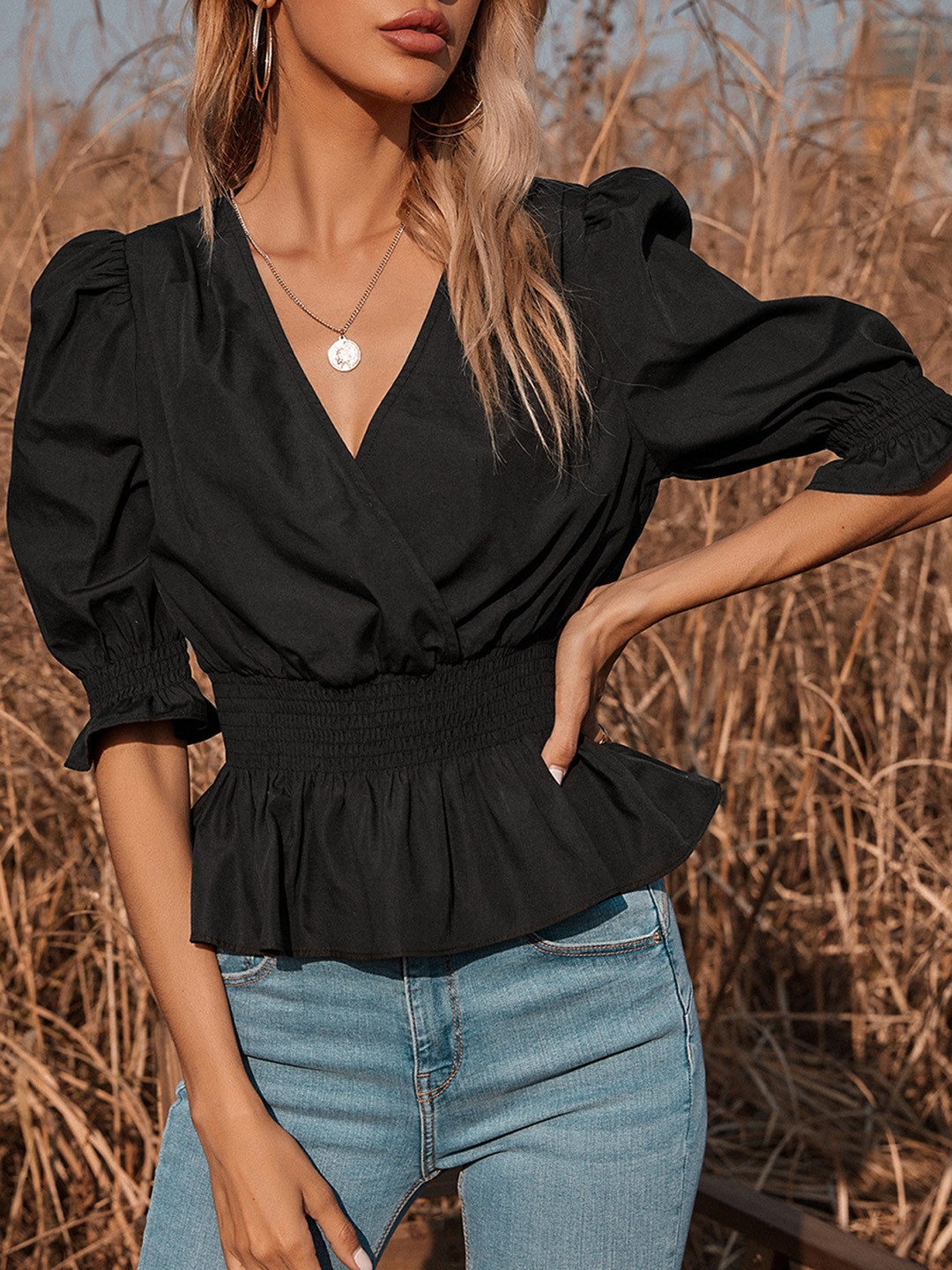 

URBANIC Women Black Cotton Solid Smocked Victorian Cinched Waist Top