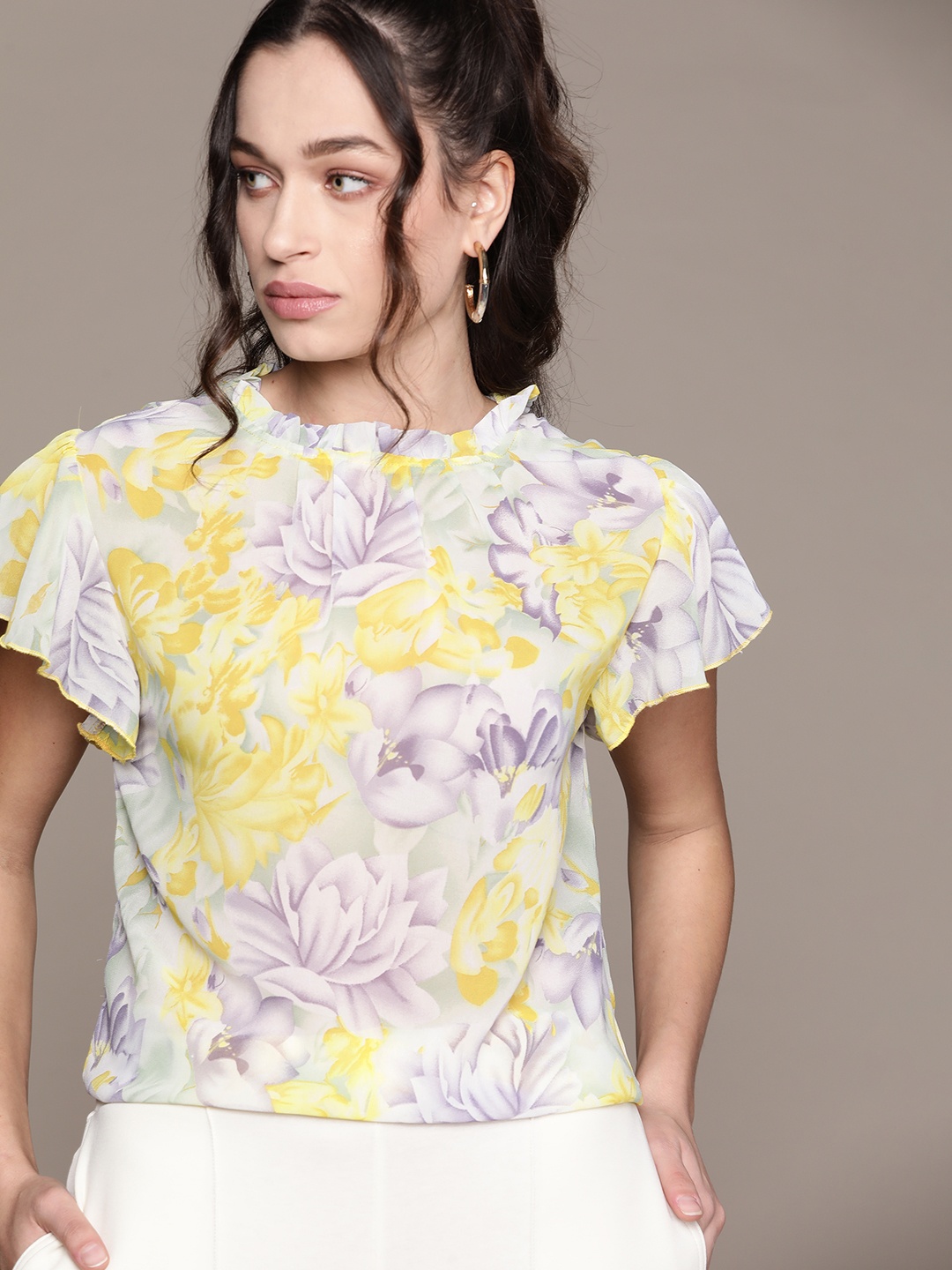 

URBANIC Yellow & Purple Floral Print Flutter Sleeves Top