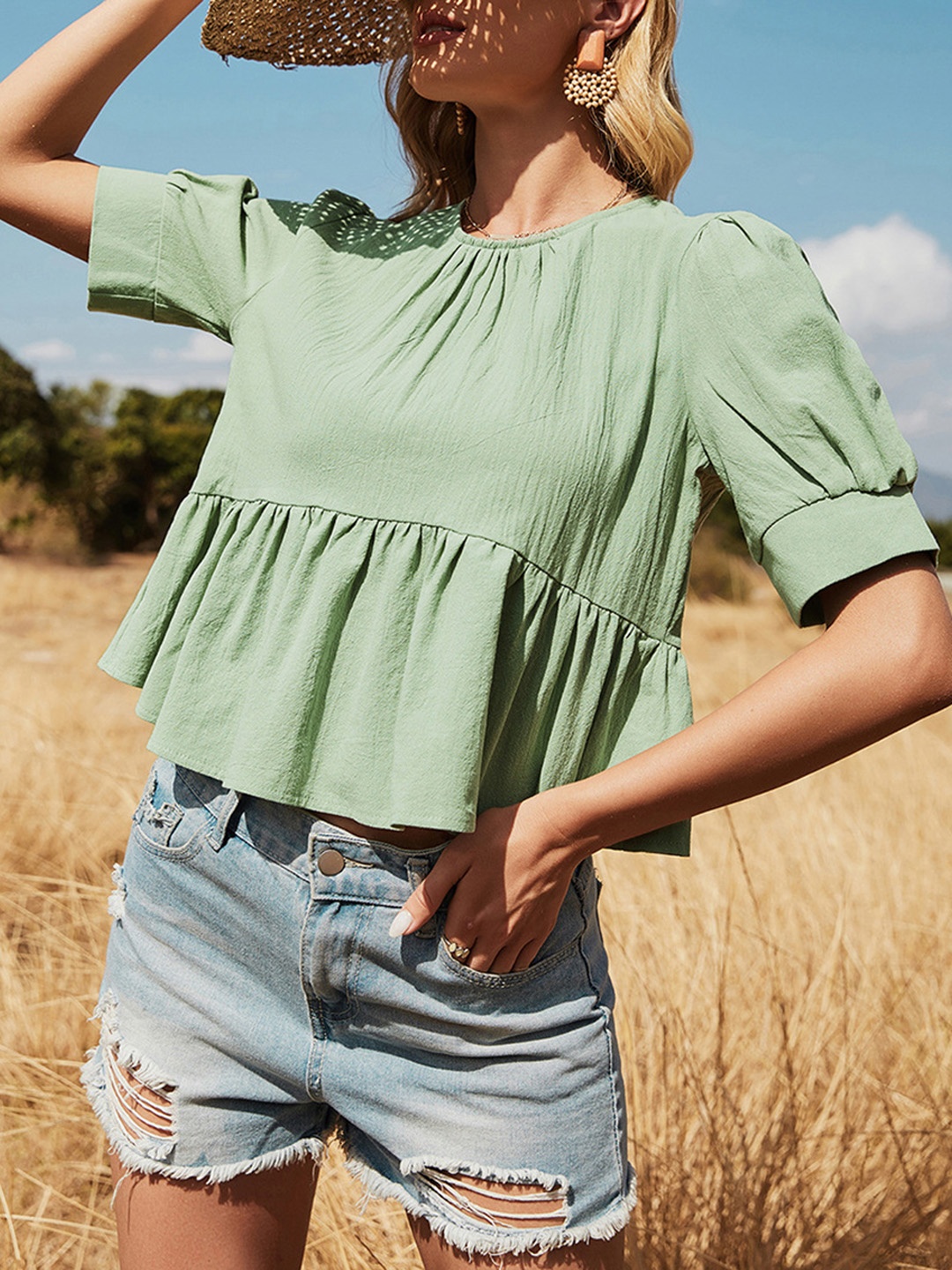 

URBANIC Women Mint Green Cotton Gathered Puff Sleeves Top