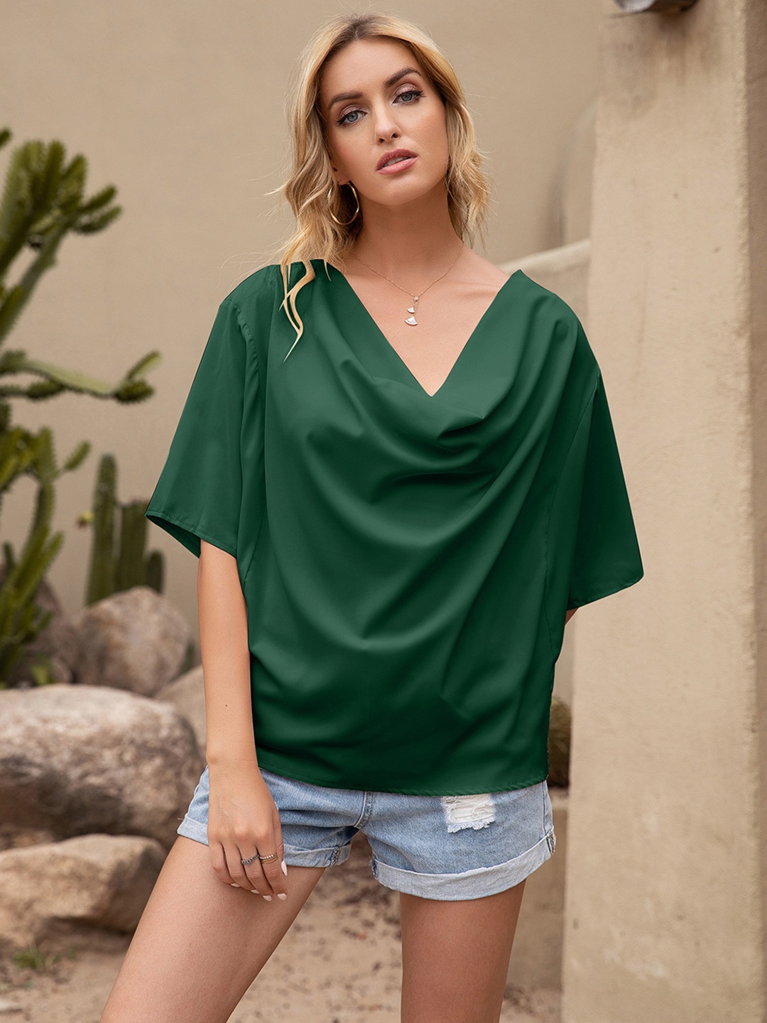 

URBANIC Green Solid Cowl Neck Regular Top