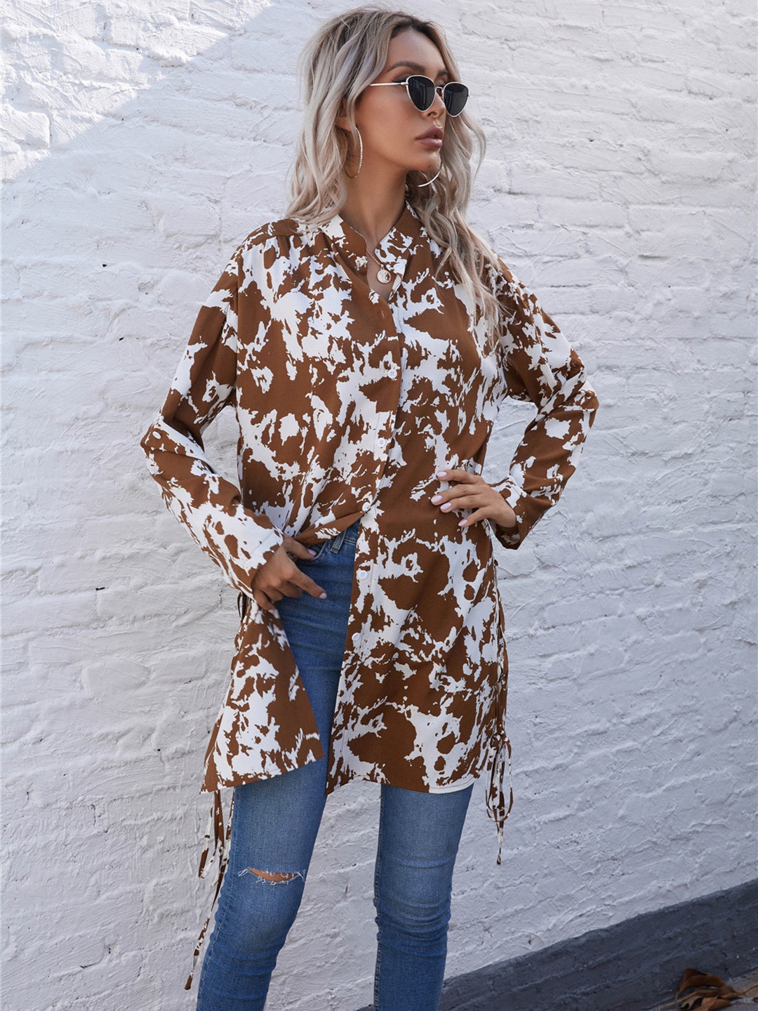 

URBANIC Women Brown & White Printed Longline Casual Shirt with Lace-Up Sides