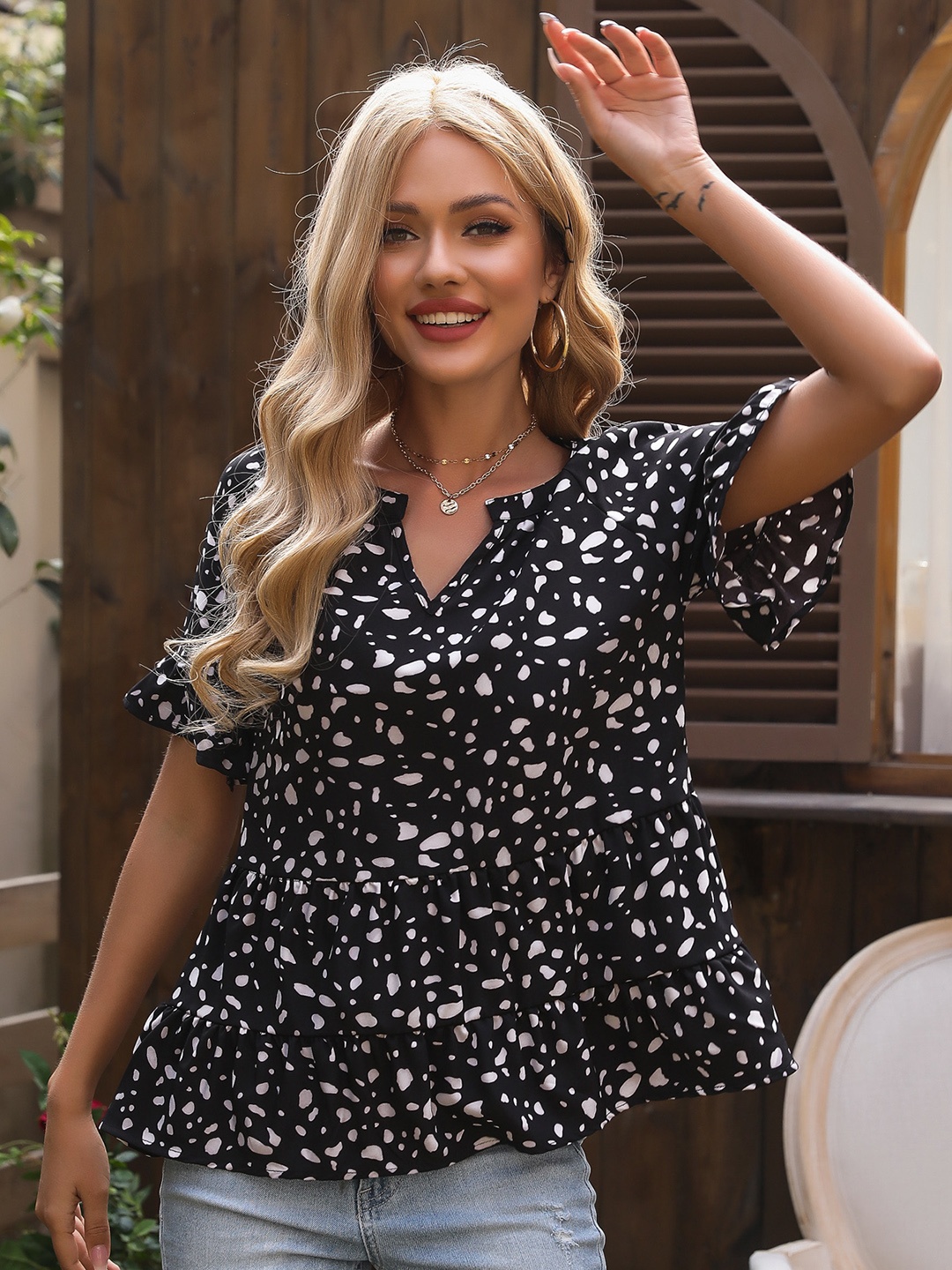 

URBANIC Black & White Printed Tiered A-Line Top