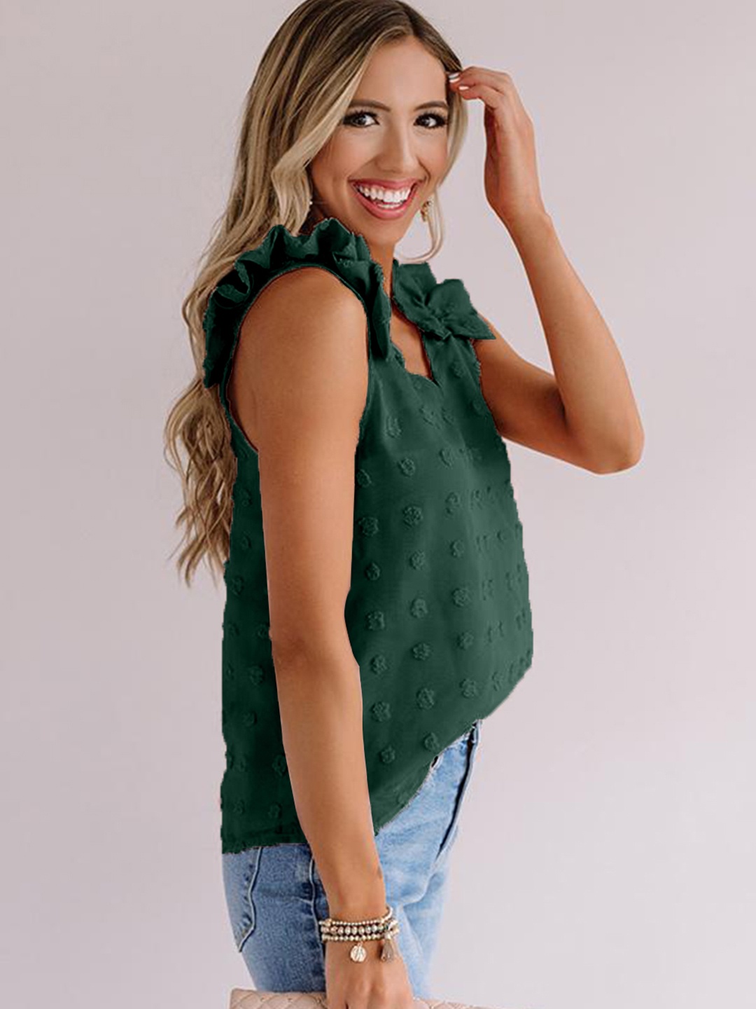 

URBANIC Green Self Design Frill Detail Regular Top