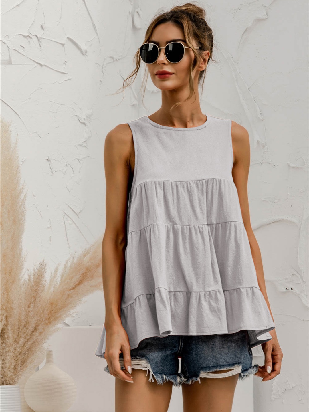 

URBANIC Women Grey Cotton Solid A-Line Tiered Top