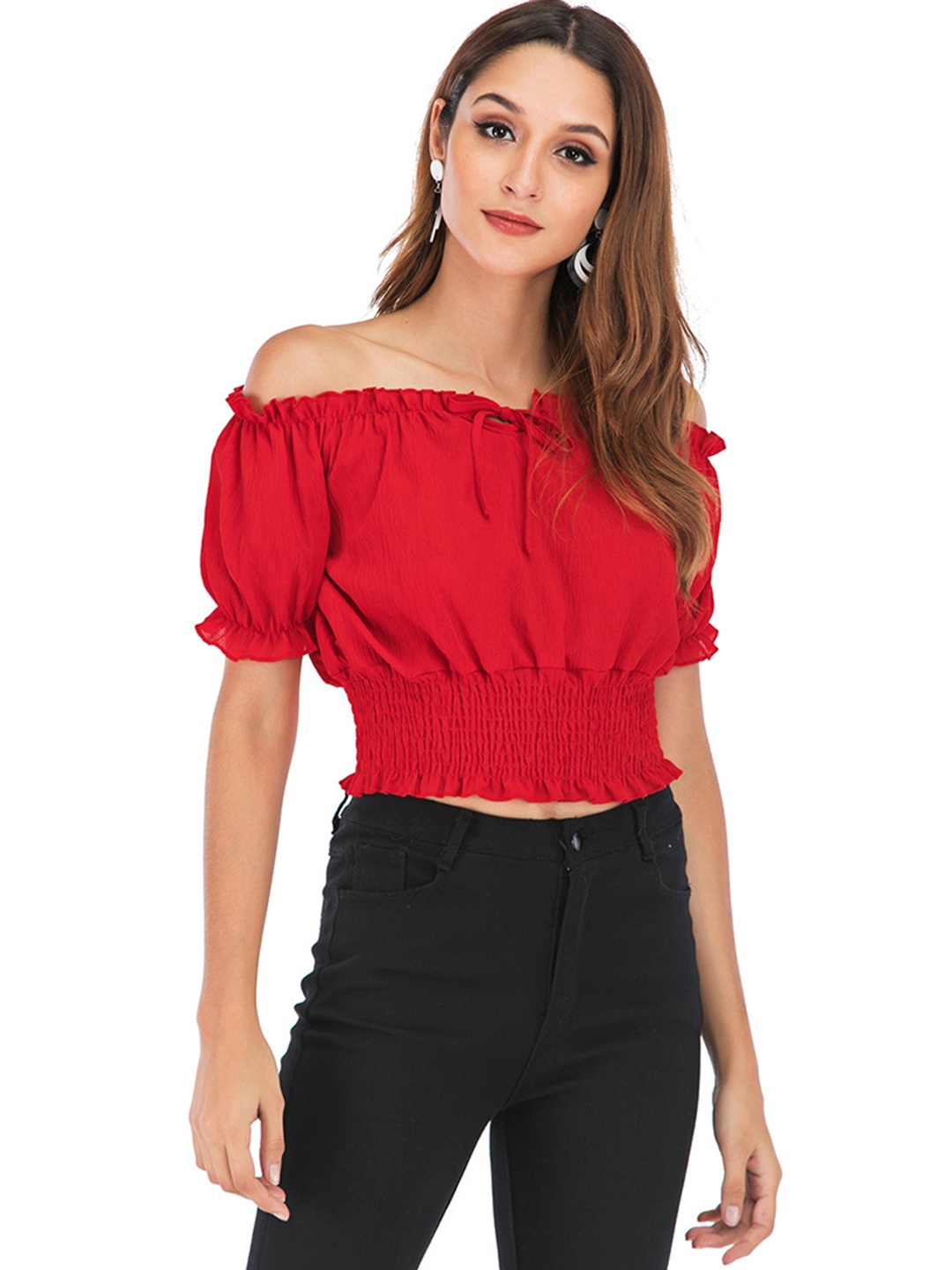 

URBANIC Red Solid Off-Shoulder Smocked Bardot Crop Top