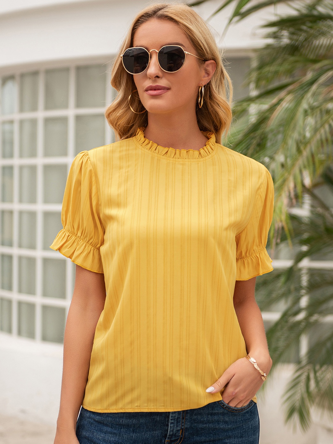 

URBANIC Mustard Yellow Striped Regular Top