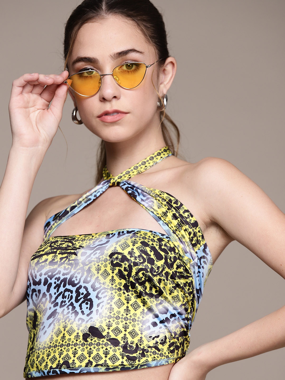 

URBANIC Women Yellow & Blue Animal Printed Halter Neck Bralette Crop Top