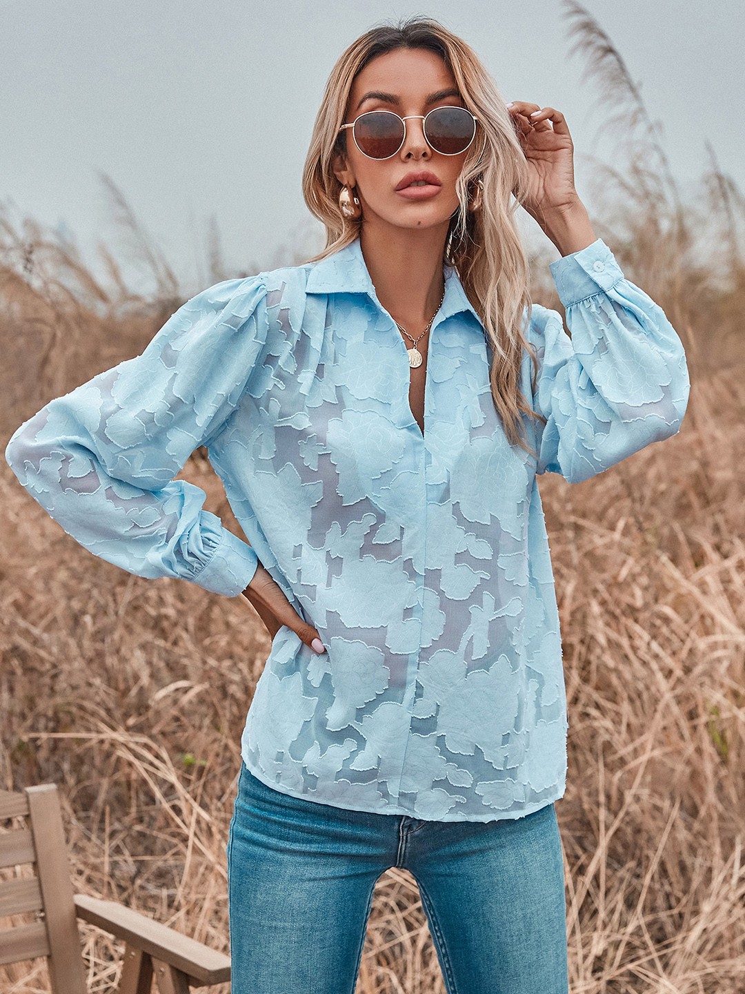 

URBANIC Blue Floral Print Puff Sleeves Shirt Style Top
