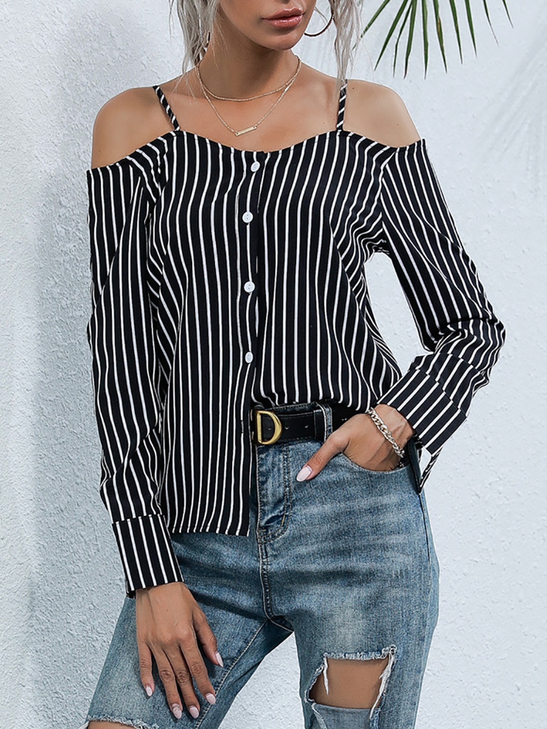 

URBANIC Women Black & White Striped Monochrome Cold Shoulder Top