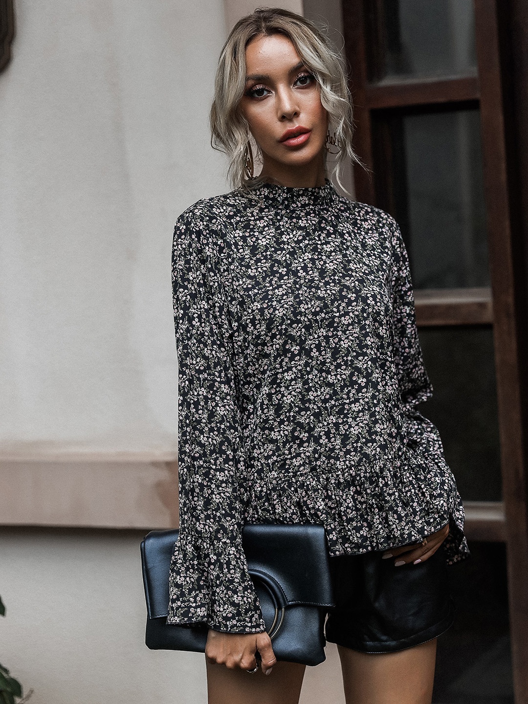 

URBANIC Black & White Ditsy Floral Print Ruffled Top
