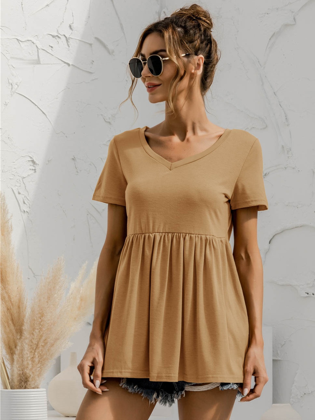 

URBANIC Beige Solid Gathered Waist A-Line Top