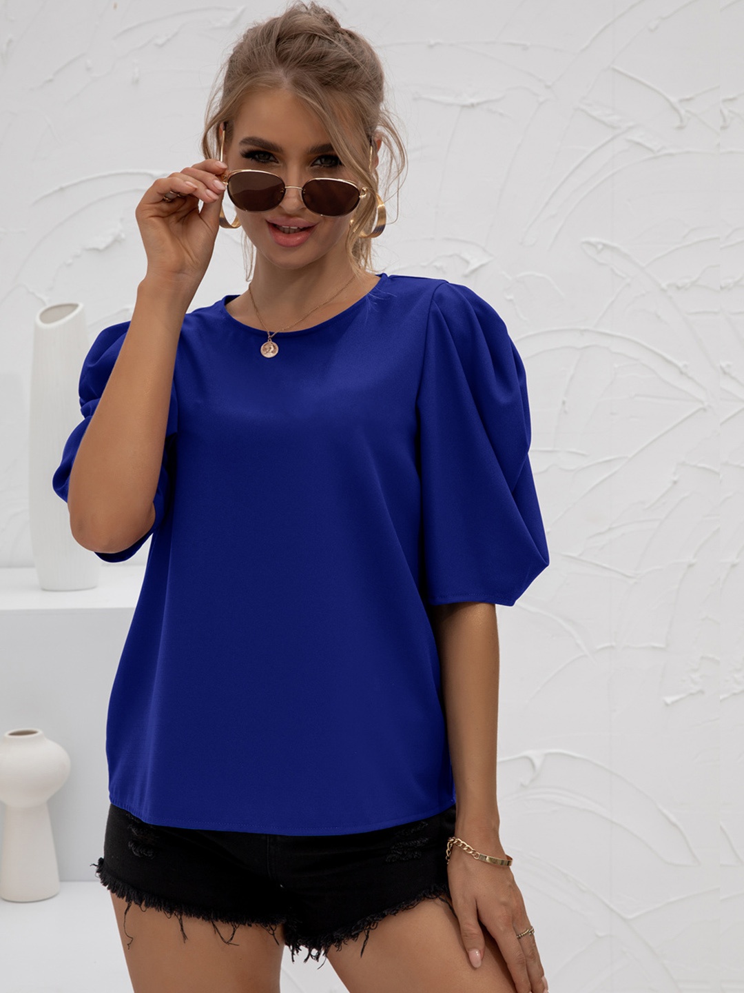 

URBANIC Blue Solid Puff Sleeves Regular Top