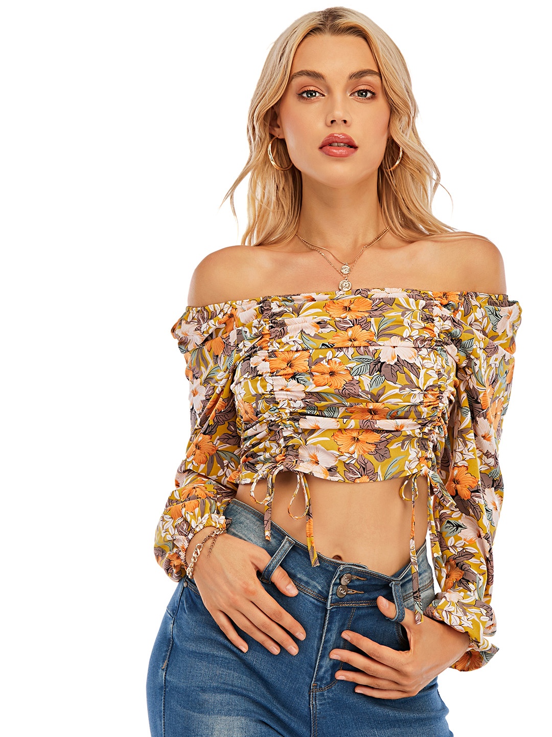 

URBANIC Mustard Yellow & Off White Floral Off-Shoulder Bishop Sleeves Fitted Crop Top