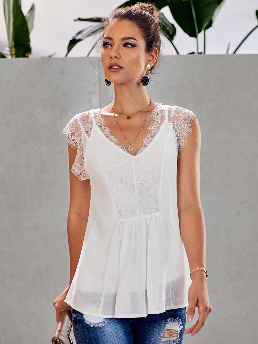 

URBANIC White Solid Lace Inserts Detail A-Line Top