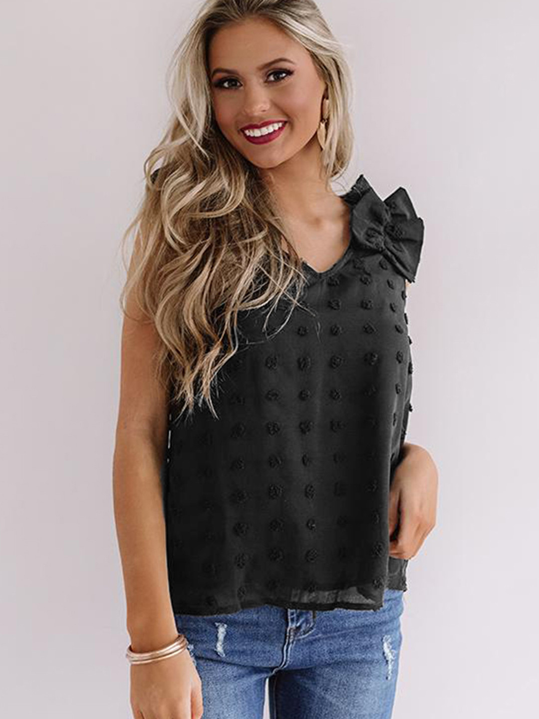 

URBANIC Black Self Design Frill Detail Regular Top