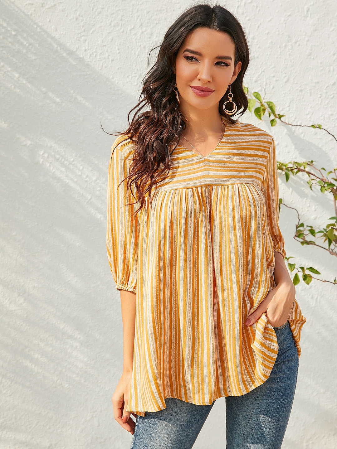 

URBANIC Mustard Yellow & Off White Striped Mandarin Collar A-Line Longline Top