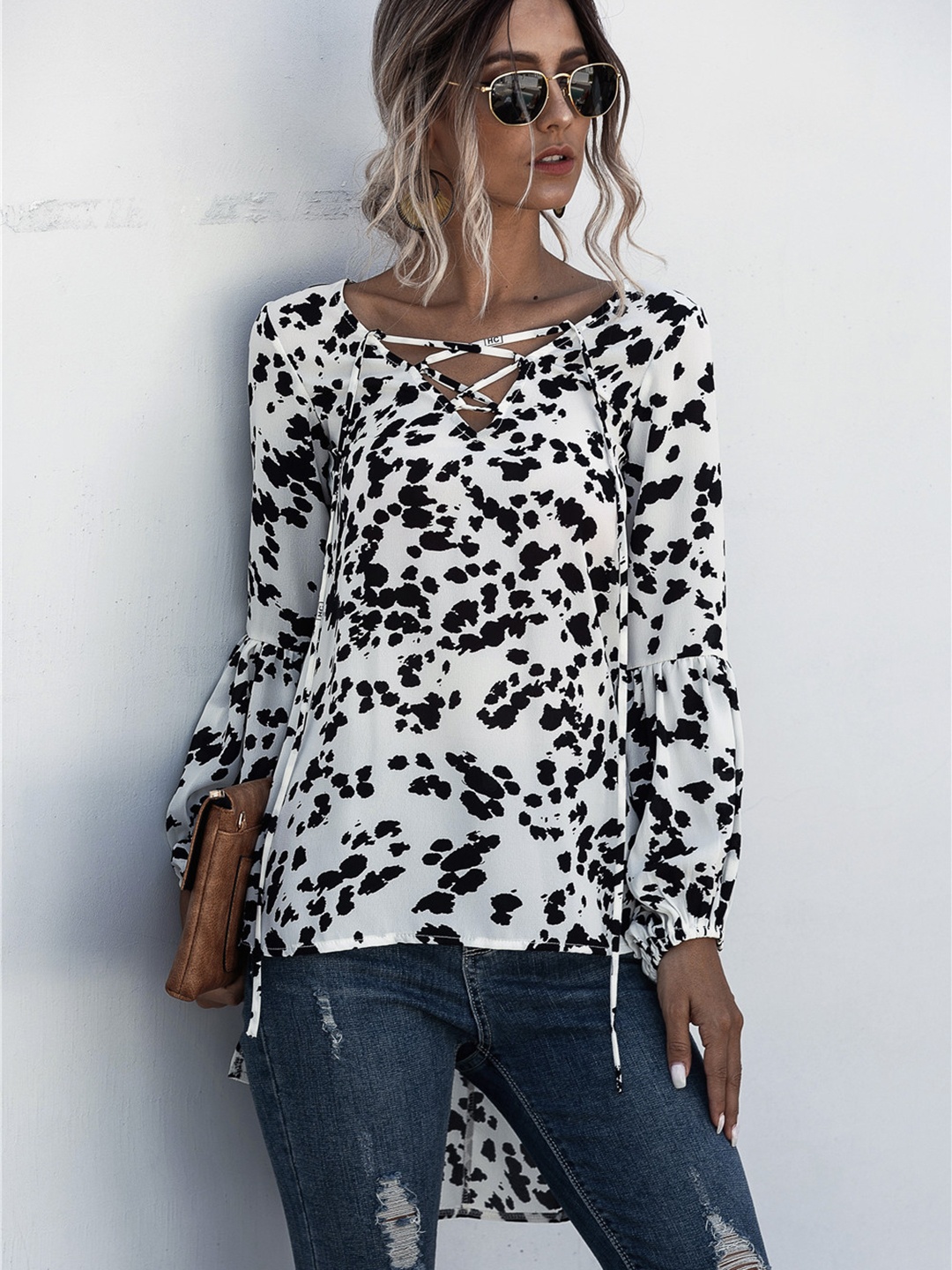 

URBANIC White & Black Lace-Up Neck Animal Print Top