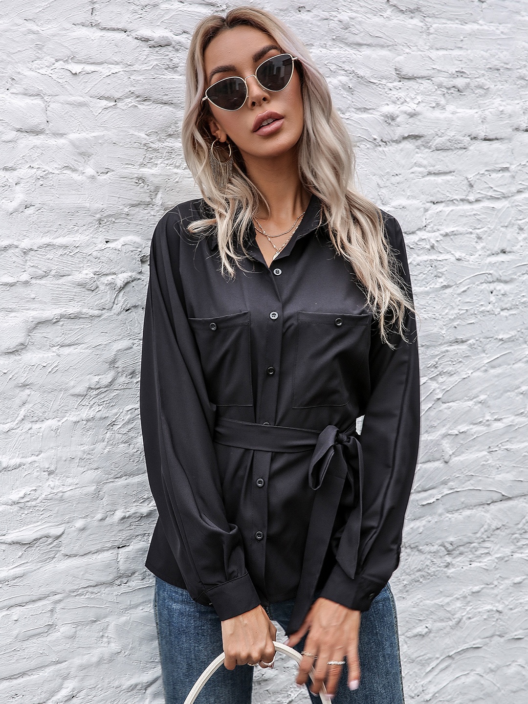 

URBANIC Women Black Belted Casual Shirt