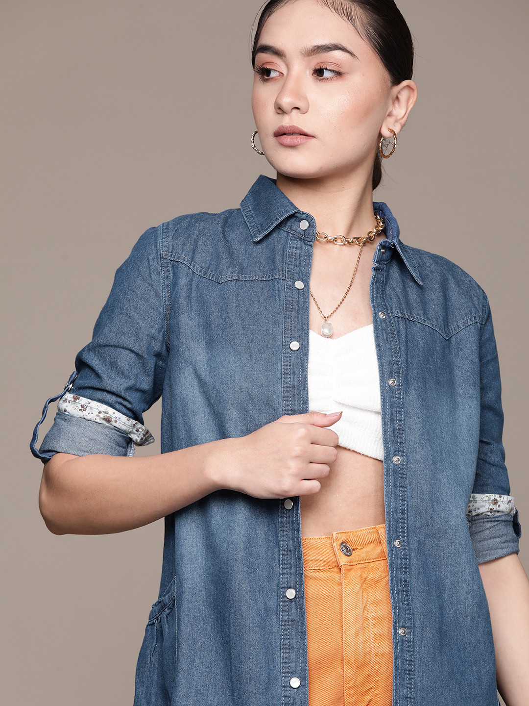 

URBANIC Women Navy Blue Pure Cotton Opaque Casual Shirt with Patchwork