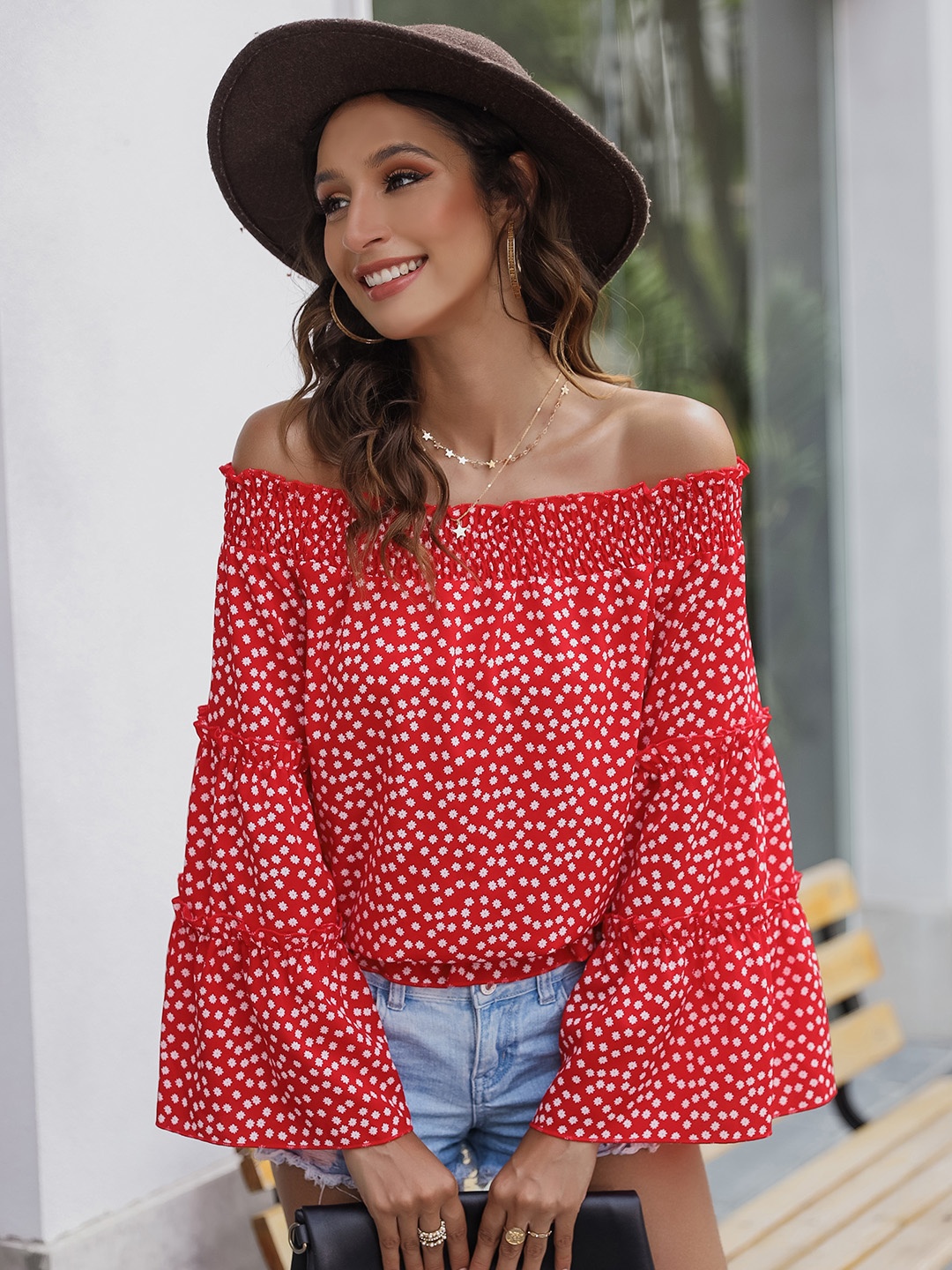 

URBANIC Women Red & White Ditsy Floral Print Bardot Top with Frills