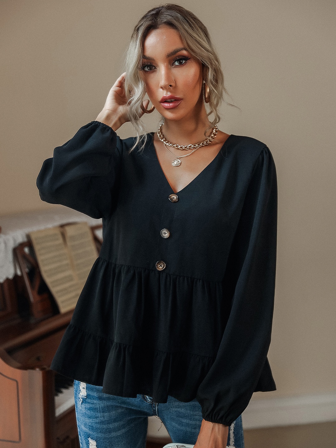 

URBANIC Black Solid Gathered Tiered A-Line Top
