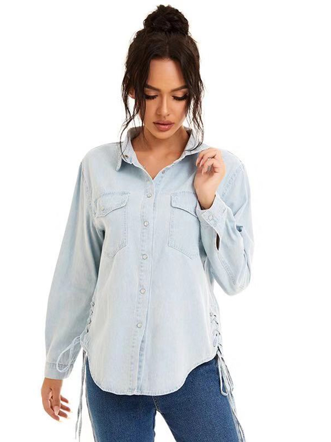 

URBANIC Women Blue Solid Lace Up Cotton Casual Denim Shirt