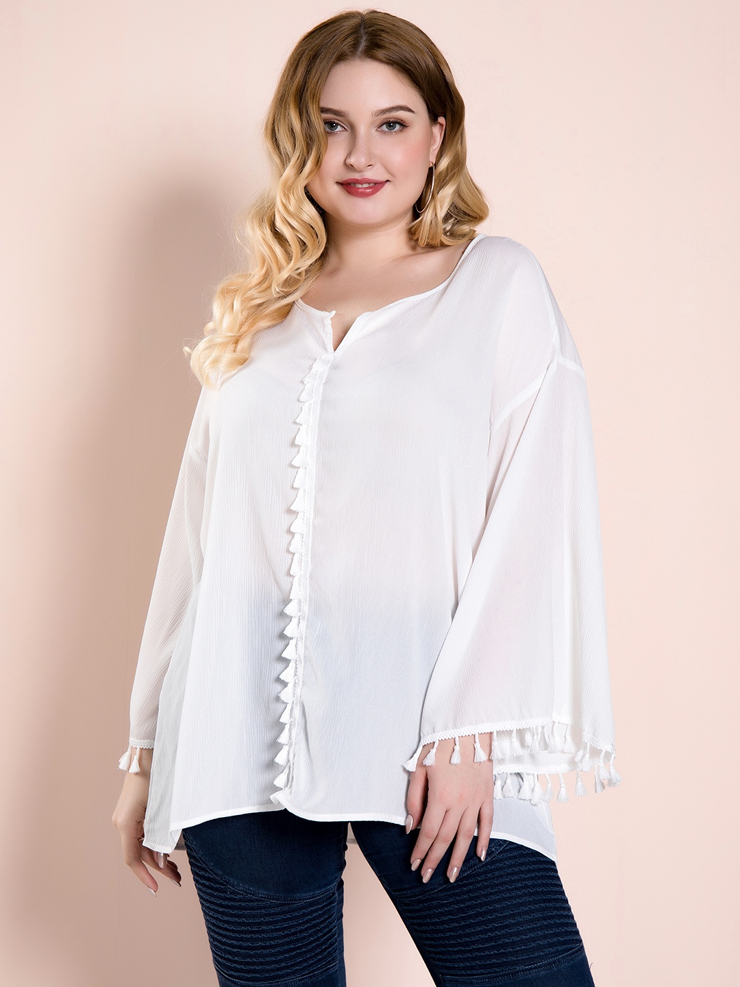 

URBANIC Plus Size White Solid Top with Tasselled Trims
