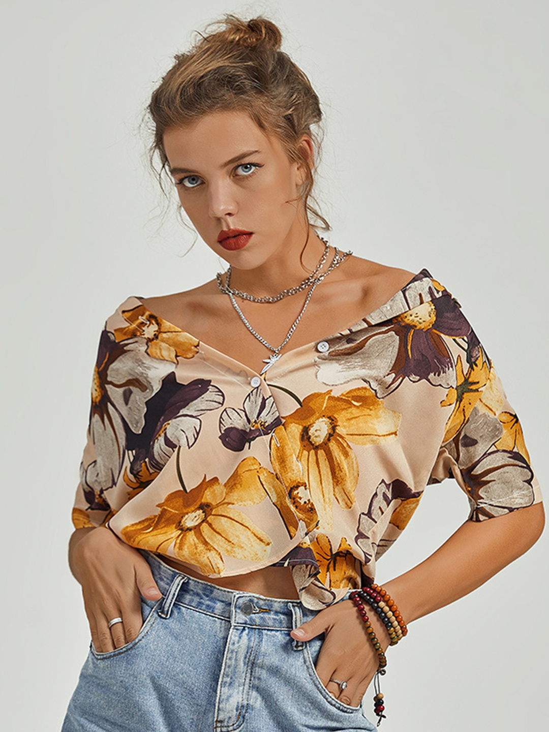 

URBANIC Mustard Yellow & Beige Floral Print Extended Sleeves Shirt Style Top